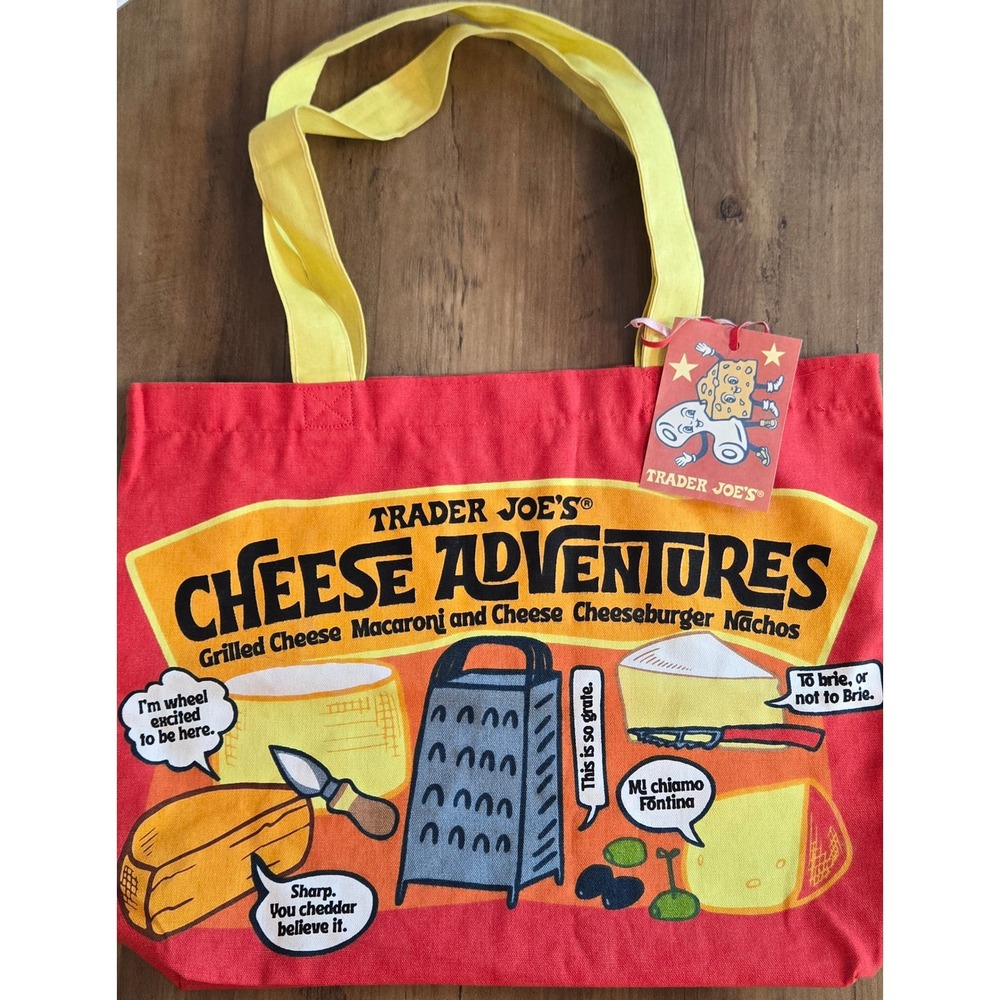 Trader Joes Cheese Adventures Tote Bag Red Yellow Cotton Reusable Grocery 80578